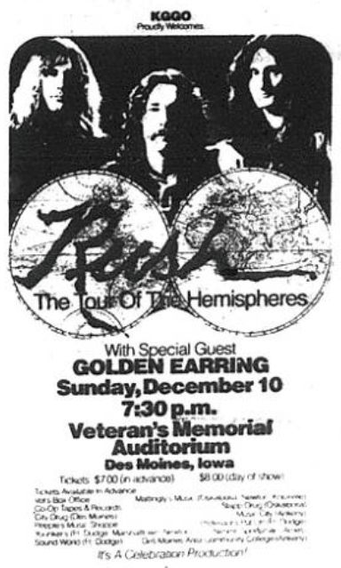 Golden Earring with Rush show ad December 10, 1978 Des Moines - Veterans Memorial Auditorium